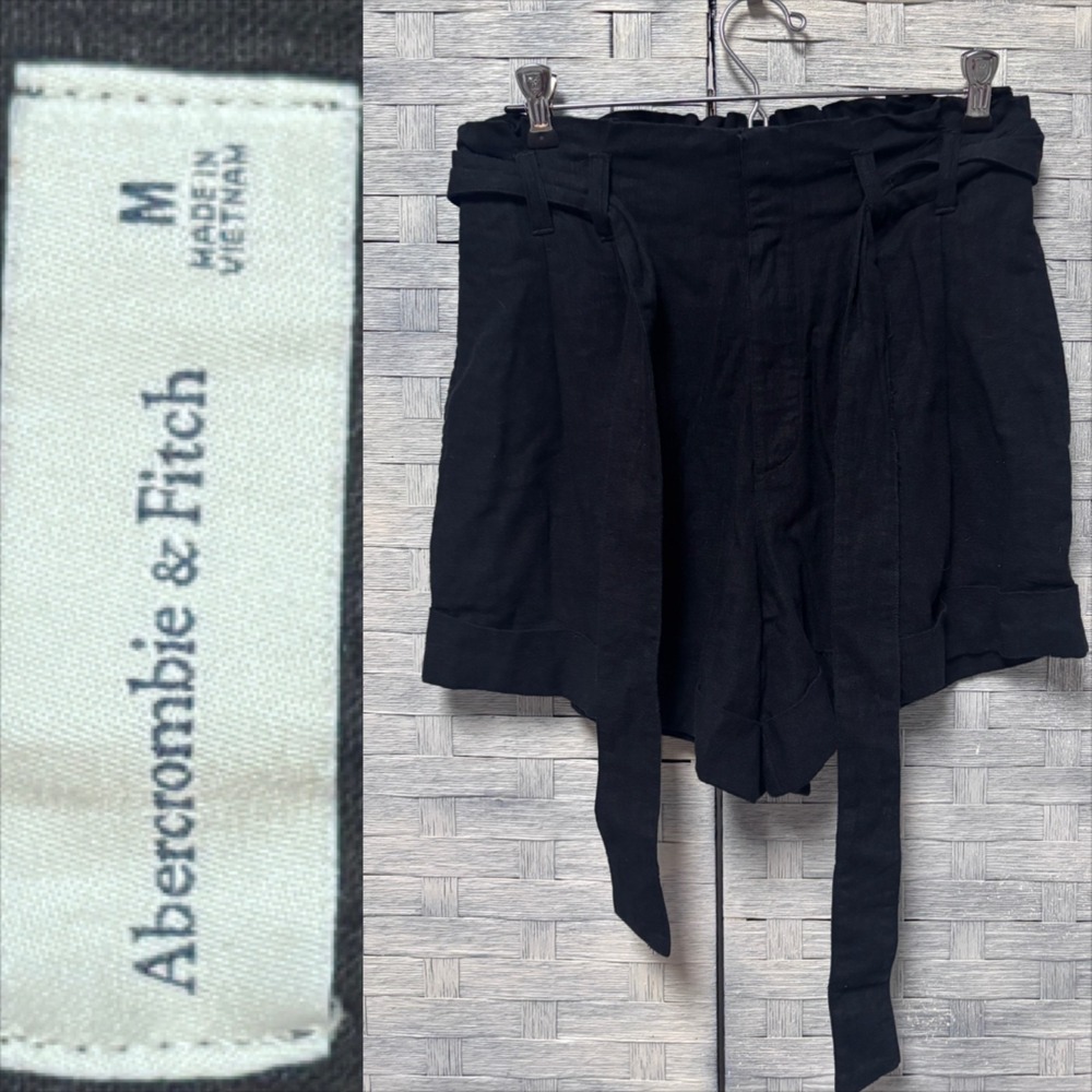Abercrombie & Fitch Womens Medium Paperbag Shorts Black Linen Blend Tie